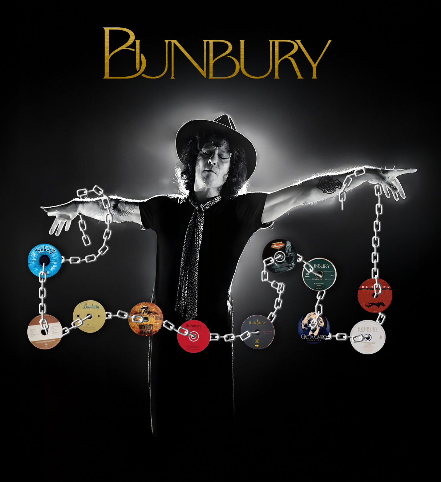 Enrique Bunbury representado como figura legendaria con cadenas de discos que simbolizan su legado